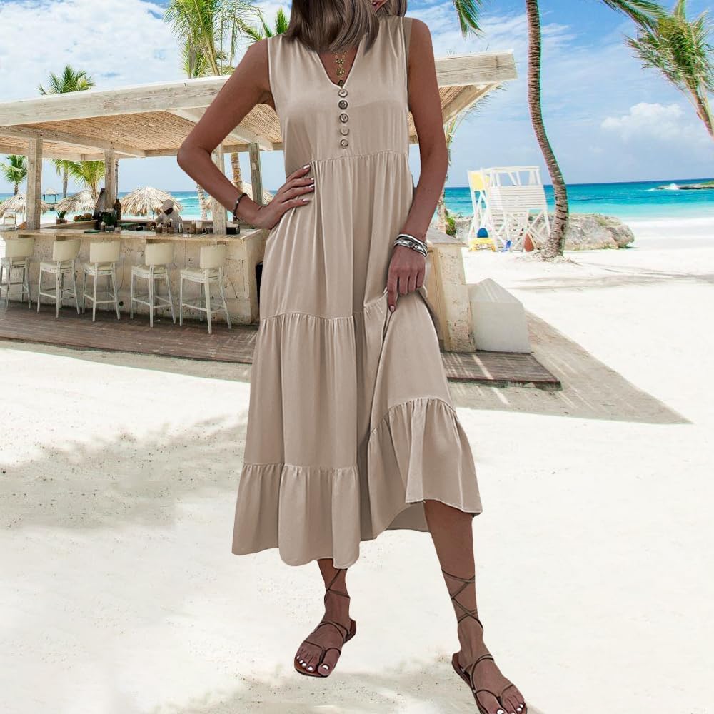 Womens Summer Button V-Neck Sleeveless Dress Vocation Flowy Beach Long Dress Solid Casual Midi Dress - Image 4