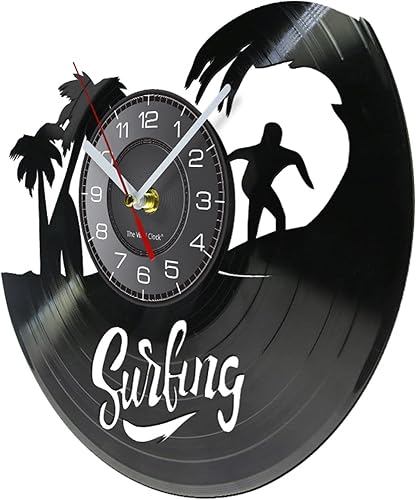 Miniatura 2 de Reloj de pared de disco de vinilo de 12 pulgadas, hecho de corte láser, tabla de surf, palma de coco, verano, deportes marinos, reloj de pared,