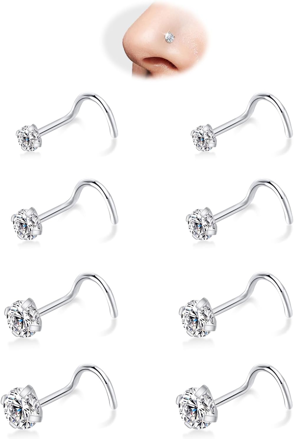 iejsbhrp 8Pcs Nose Rings Studs for Women Men, Hypoallergenic 316L Surgical Stainless Steel Silver Nose Studs L Shape/Corkscrew Nose Piercing Jewelry CZ 1.5mm 2mm 2.5mm 3mm