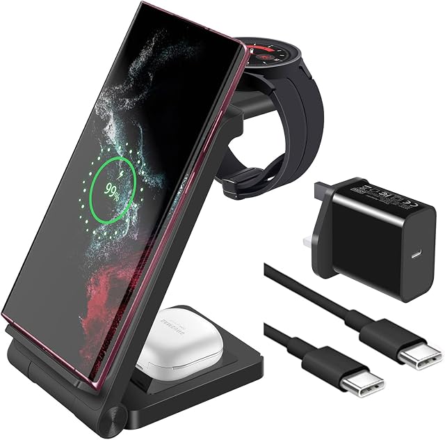 Wireless Charging Station for Samsung,3 in 1 Wireless Charger Stand with Adapter for Galaxy S22 Ultra/S22 /S21 FE/S21/S20/Note20/10,Galaxy Watch 5/5 Pro/4/4 Classic/3/Active 2/1, Galaxy Buds+/Live