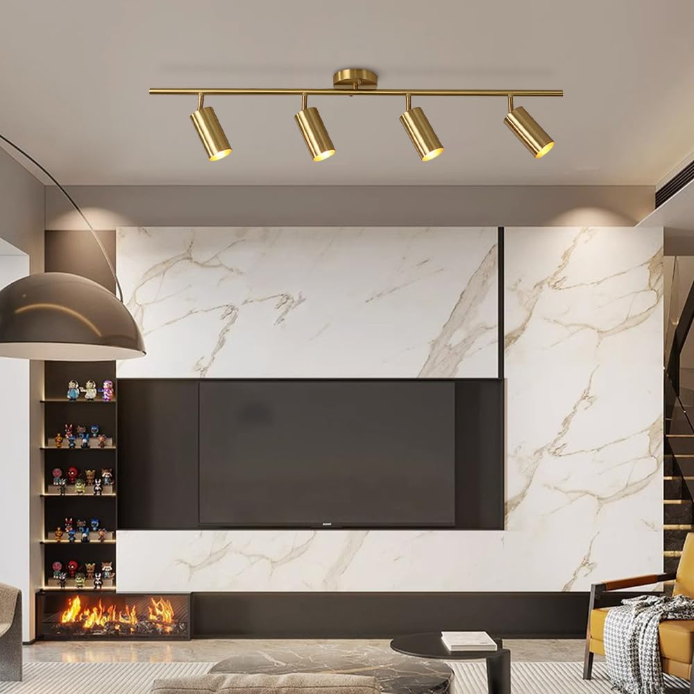 Kit di Illuminazione A Binario Fisso con Faretti Dorati da Soffitto, Faretti Direzionali Gu10 Regolabili, Lampade D'Accento per Cucina, Soggiorno, Camera da Letto, Specch,4light