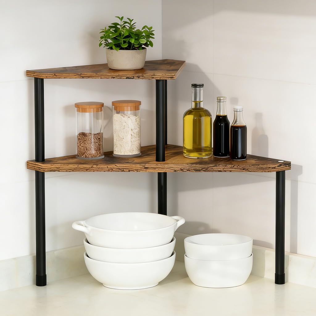 HASTHIP® Corner Shelf for Kitchen, Space-Saving Triangle Wooden Storage Shelf, Double Layer Corner Organizer Rack with Metal Feet, DIY Assembly Countertop Rack for Spices, Dresser Table, Small Items-image-42