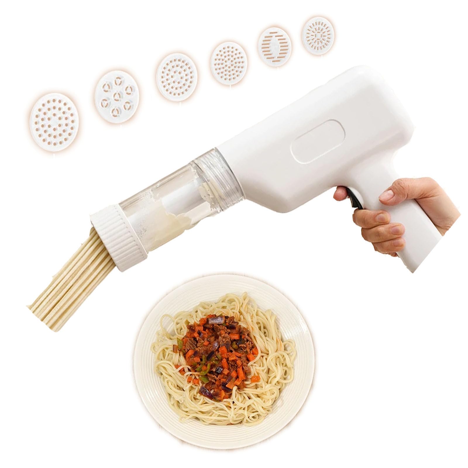 Machine à pâtes électrique, Portable Machine à Pâtes avec Moules, Rechargeable 6 en 1 Sans Fil pour Faire des Fraîches Noodles Spaghettis Maison (blanc)