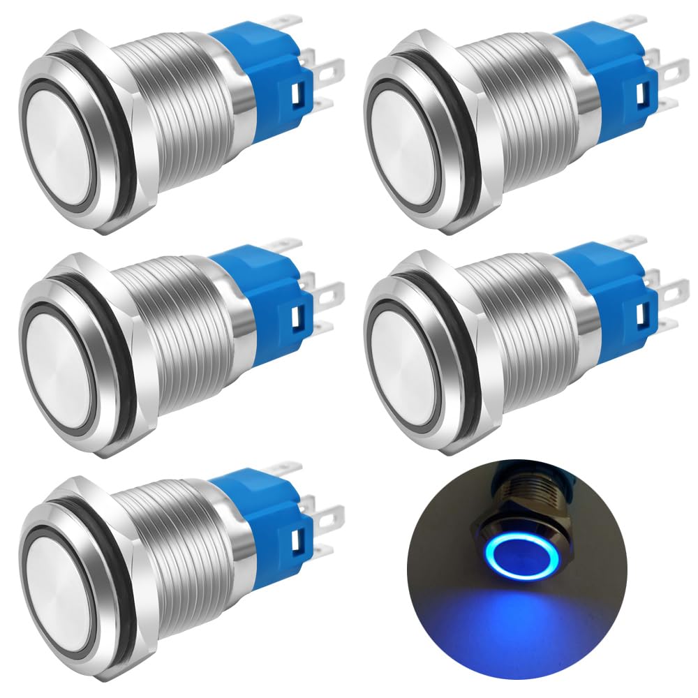 Gebildet 5 szt. 16mm Niebieski Metalowy Zatrzaskowy Przełącznik Przyciskowy LED Wodoodporny 12V-24V/5A 1NO 1NC WŁ./WYŁ. do Otworu Montażowego 5/8"