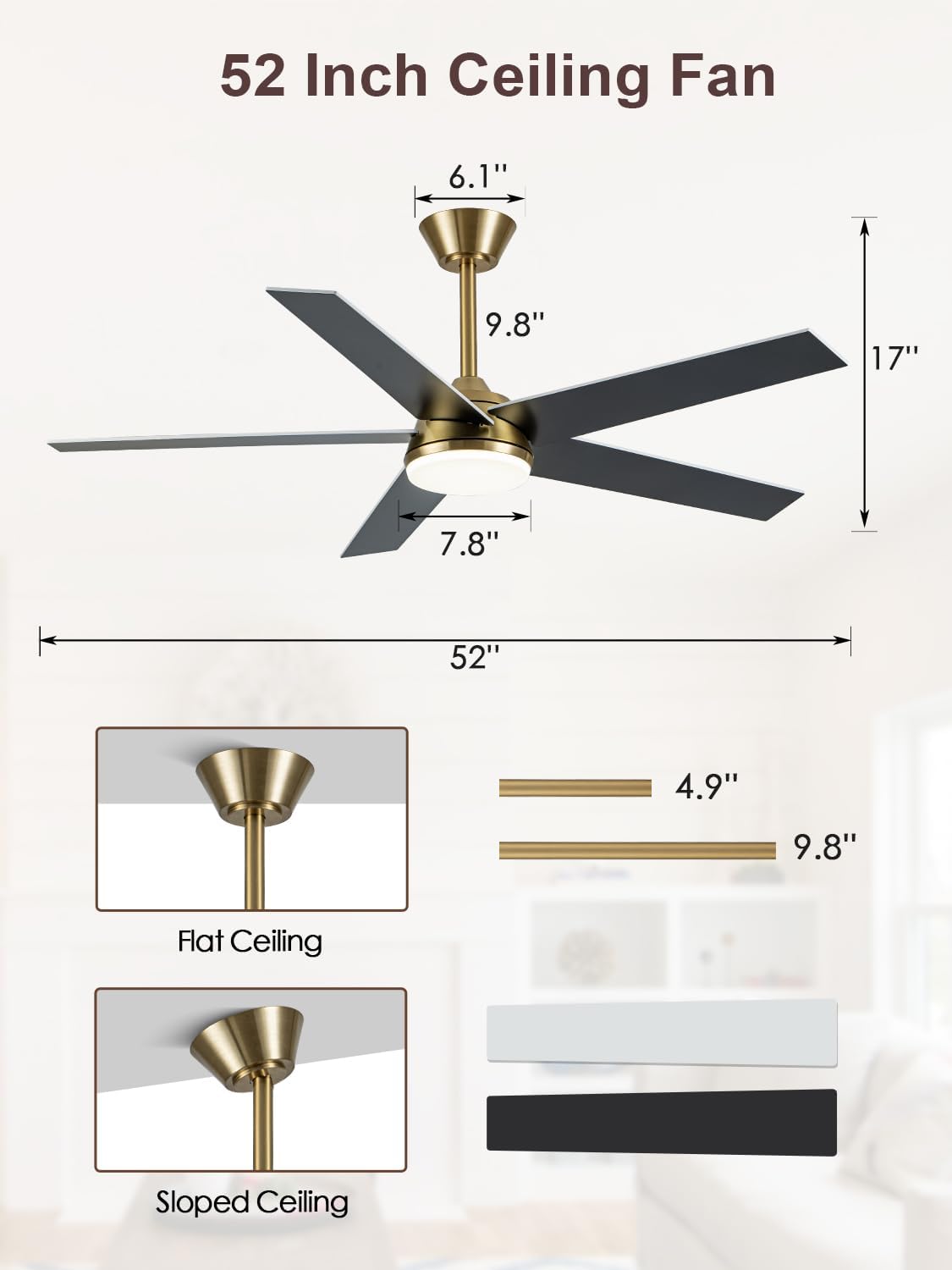 52 Inch Ceiling Fan with Light and Remote, Black and Gold Ceiling Fans with 3CCT Dimmable, 6 Speeds, Quiet Reversible DC Motor, 5 Blades Modern Ceiling Fan for Living Room Kitchen