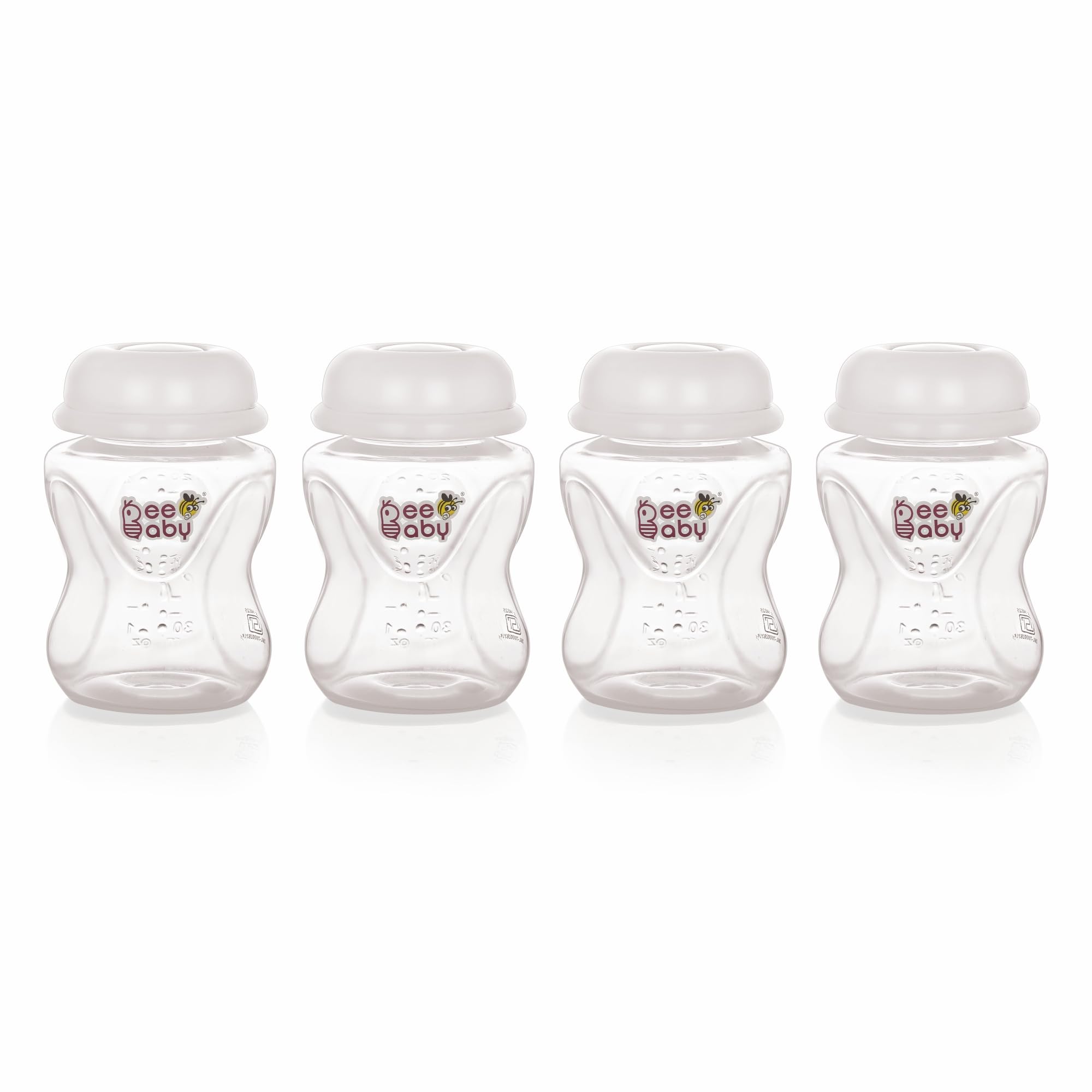 BeeBaby Pump N' Protect Narrow Neck Breast Milk Storage Bottles. Pack of 4 Milk Collection Bottles fits Most Slim Neck Breast Pumps. 100% BPA Free. 120ML / 4oz. White