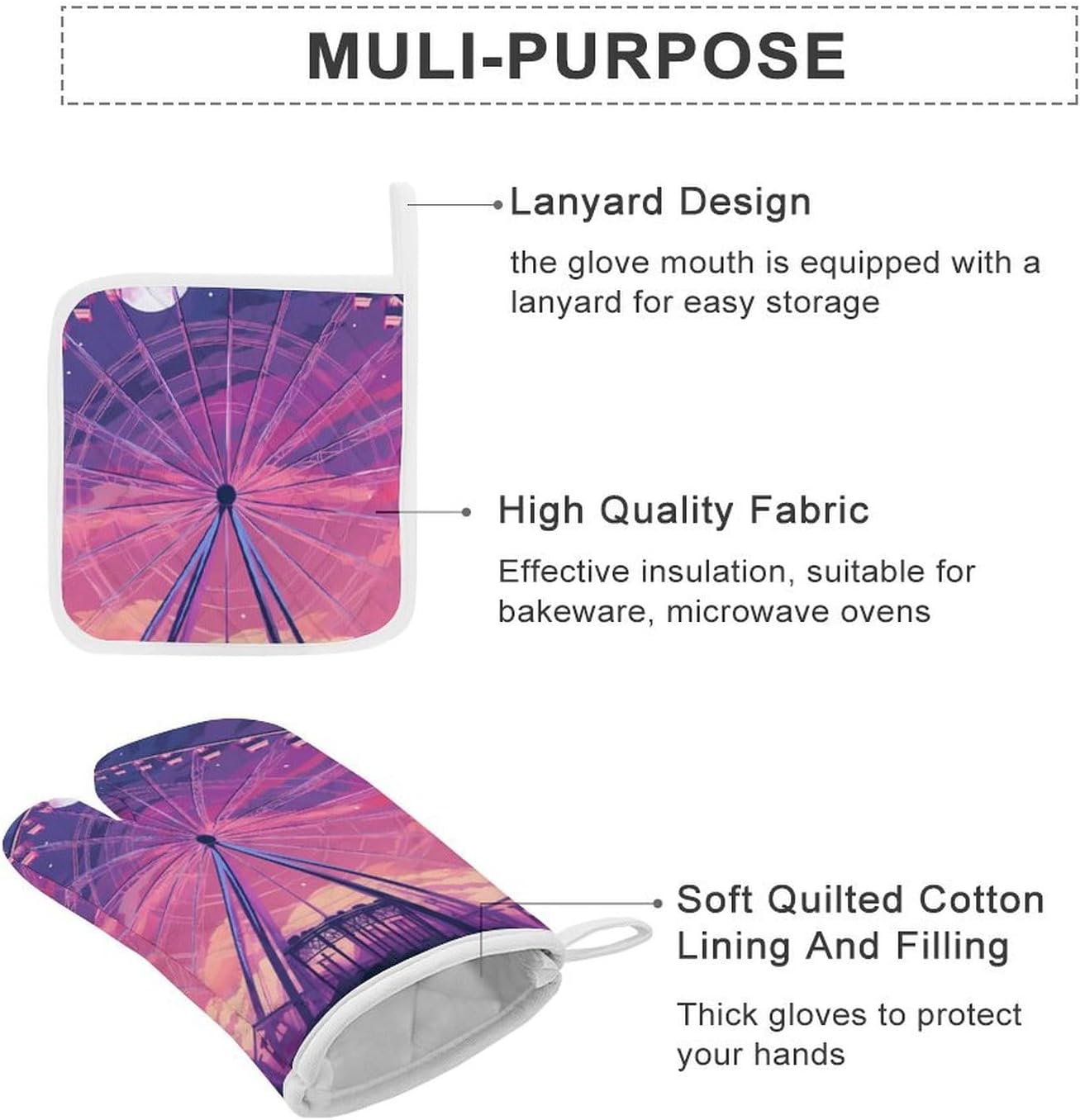 Purple Sky Ferris Wheel 4 Pcs Oven Mitts and Pot Holders Set High Heat Resistant Long Kitchen Oven Glove Potholders