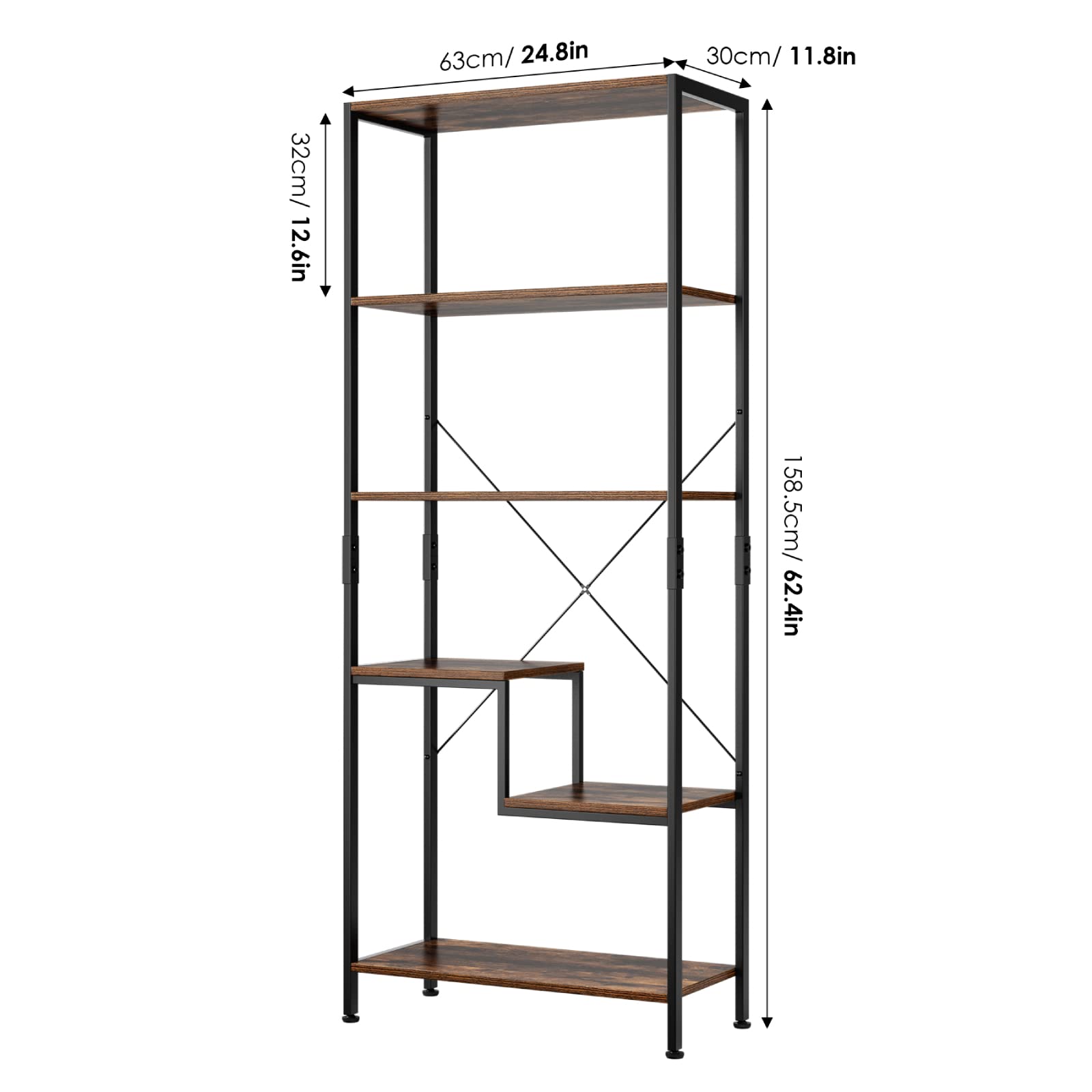 5-poziomowa przemysłowa półka drabinkowa z metalu i drewna do domu, biura, kuchni - rozwiązanie do przechowywania w stylu vintage, 63 x 30 x 158,5 cm, stylowy organizer na książki i dekoracje