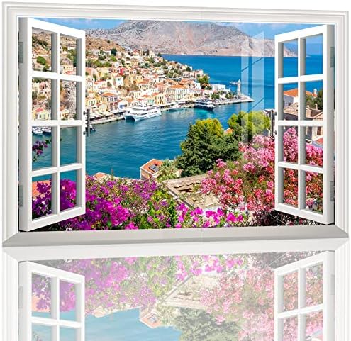 Fake Window Removable Wall Sticker Mural 3D Self-Adhesive Window Poster decor-35"x50" Beach City Creative Window Decal Wallpaper Peel and Stick Faux Window Picture for Bedroom Living Room Office