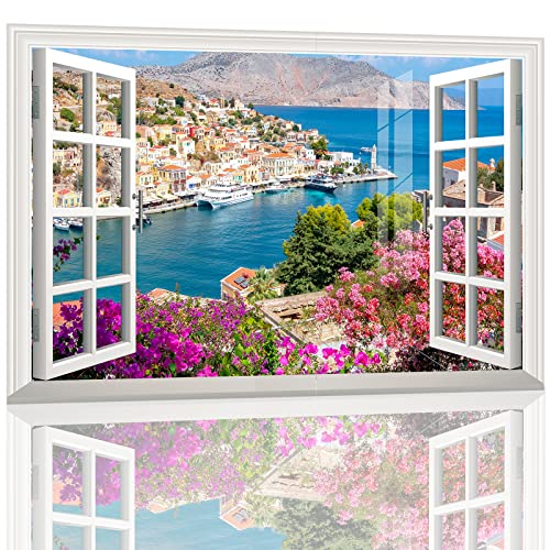 Fake Window Removable Wall Sticker Mural 3D Self-Adhesive Window Poster Decor-35"X50" Beach City Creative Window Decal Wallpaper Peel And Stick Faux Window Picture For Bedroom Living Room Office #TOP3