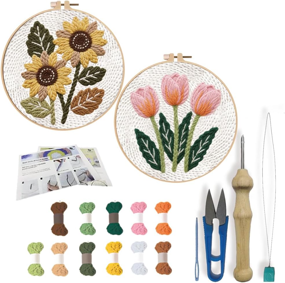 FREEBLOSS 2 Set DIY Flowers Punch Needle Kit for Beginners Sunflower Tulip Punch Needle Starter Craft Set with Instructions Frame Embroidery Kit for Adults Gift Decoration