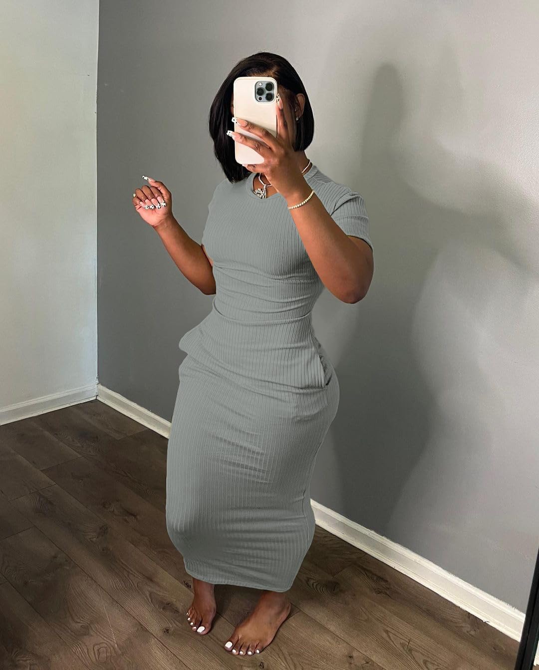 Women's Casual Short Sleeve Dress T Shirt Bodycon Dresses Ribbed V Neck Maxi Sundress Basic Party Club Dress with Pocket - Image 2