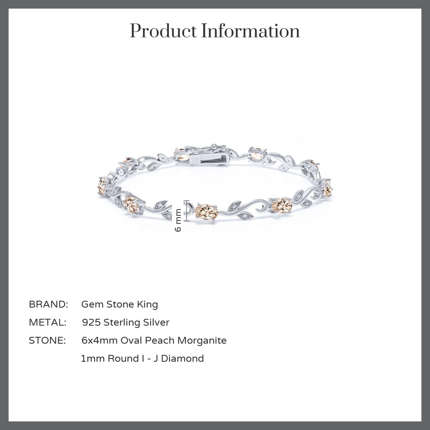Gem Stone King 4.09 Cttw Peach Morganite and Diamond Greek Vine Tennis Bracelet For Women | 925 Sterling Silver | Oval 6X4MM | 7 Inch | Fine Jewelry Gifts for Her Mom Women Wife