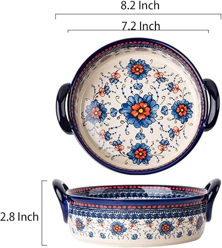 Miniatura 2 de Bicuzat Cacerola de cerámica para hornear con diseño de flores azules y naranjas con asas para horno, cocinacocina, 1 unidad, 32 onzas