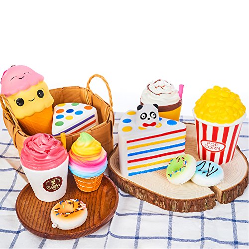 Slow Rising Jumbo Squishies Set Pack Of 7 - Rainbow Triangle Cake, Frappuccino, Popcorn, Donuts X2 & Ice Cream X2, Kawaii Squishy Toys Or Stress Relief Toys Sticker Come With The Squishys #TOP7