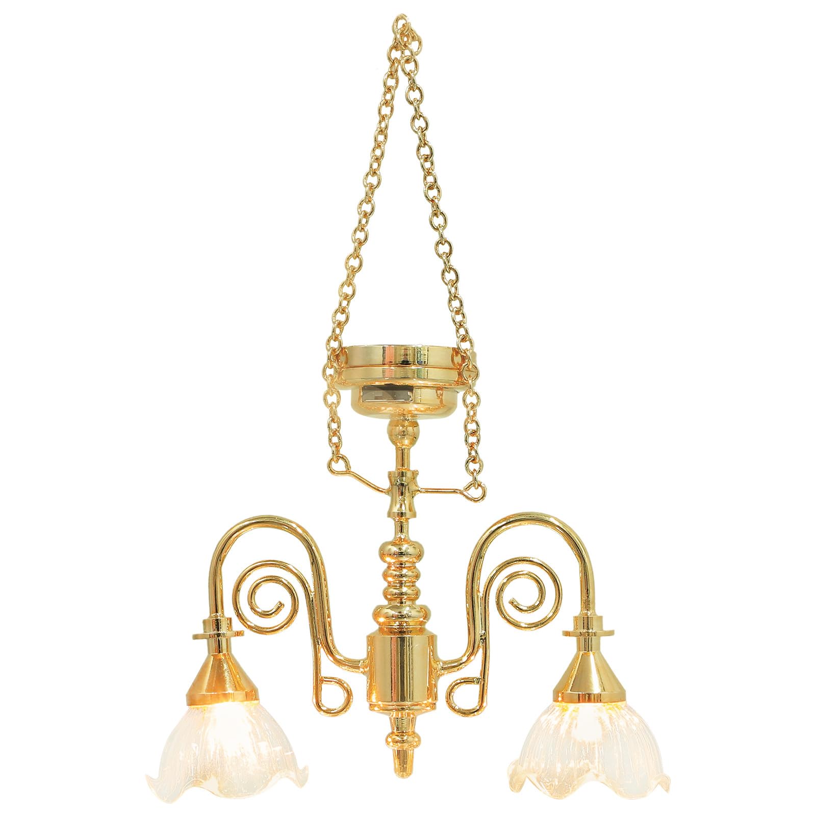 SHINEOFI Dollhouse Chandelier Battery Operated, Miniature Led Ceiling Light Fixture 1:12 Scale Double Floral Tiny Hanging Lamp for Mini Room Decor, Gold