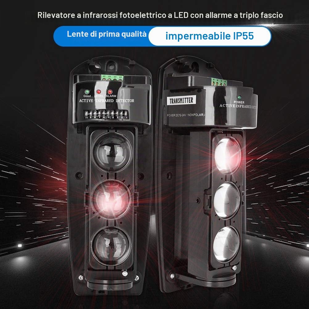 Demeras Rilevatori a Triplo Raggio Allarme a Triplo Raggio Rilevatore LED fotoelettrico a infrarossi Sistema di Sicurezza Trasmissione Wireless per Sistema di Allarme di Sicurezza Domestica(ABE-50)