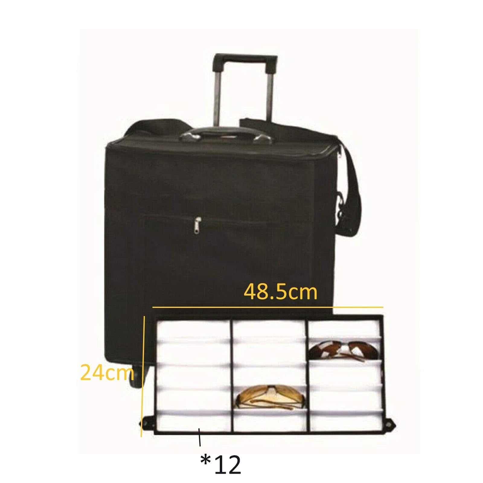 Trolley de rangement de lunettes pour voyage, 180 casiers et roues, tissu Oxford, étui organisateur de lunettes de soleil portable, valise de présentation avec tige extensible