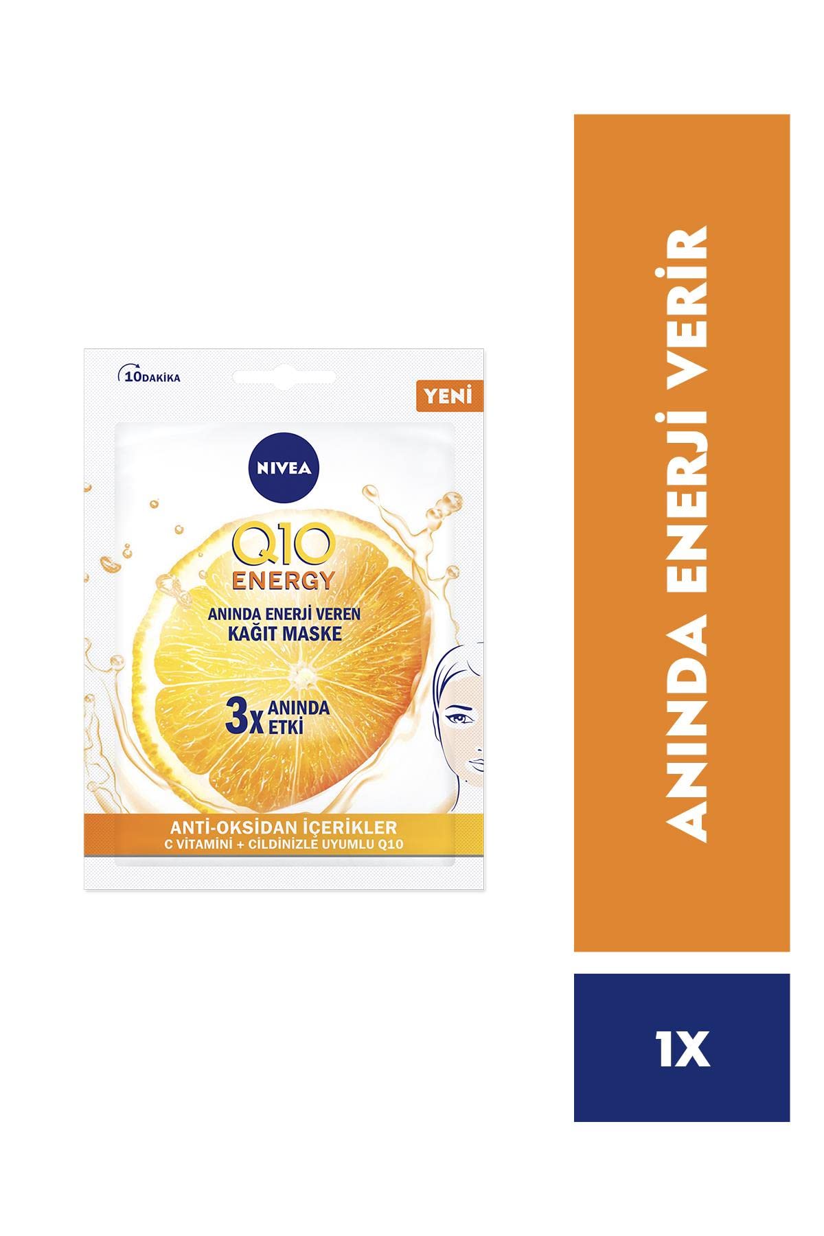 NIVEA Q10 Energy Kağıt Yüz Maskesi 1 Adet,Kırışıklık Karşıtı İnce Çizgiler,Nemlendirici,Anti-Oksidan,C Vitamini