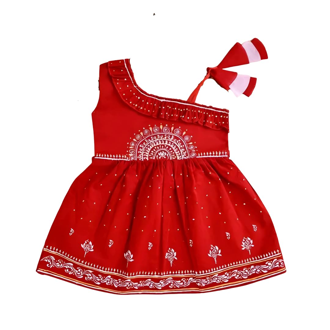 Girls Ethnic Printed Frock Dress| Sleeveless Ruffle Neck Party Dress for Baby Girls & Kids | Traditional Casual Summer Outfit (Red)-image-28