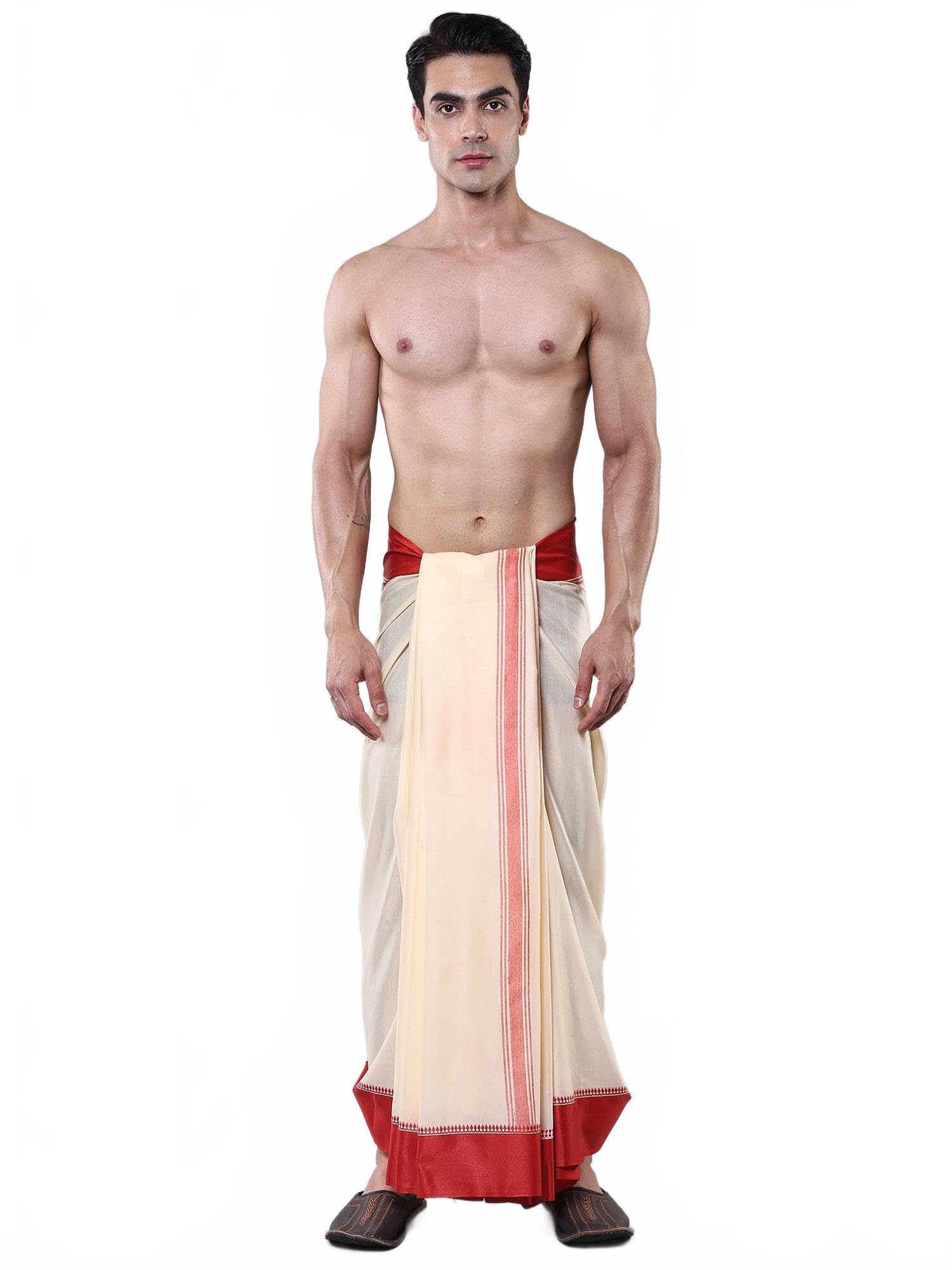 exotic india Viscose Dhoti with Contrast Border Design | Men's Ethnic Dhoti Religious Ceremony Wear-picture-24