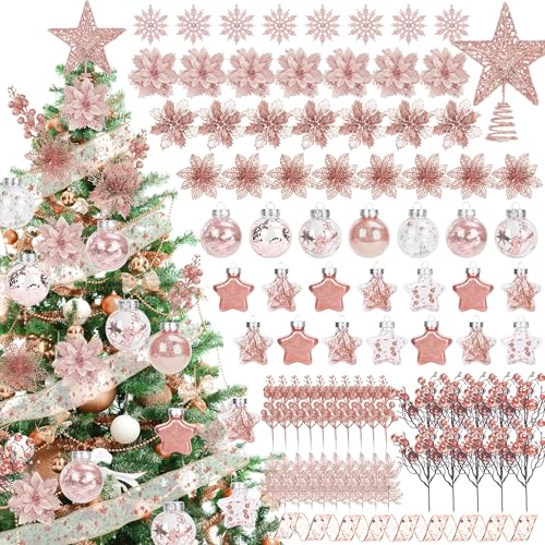 99 Pcs Christmas Tree Decorations Set, Assorted Christmas Balls Tree Topper Glitter Poinsettia Berry Stems Hanging Snowflakes Leaves Metallic Mesh Ribbons for Xmas Tree Holiday Party Decor(Rose Gold)