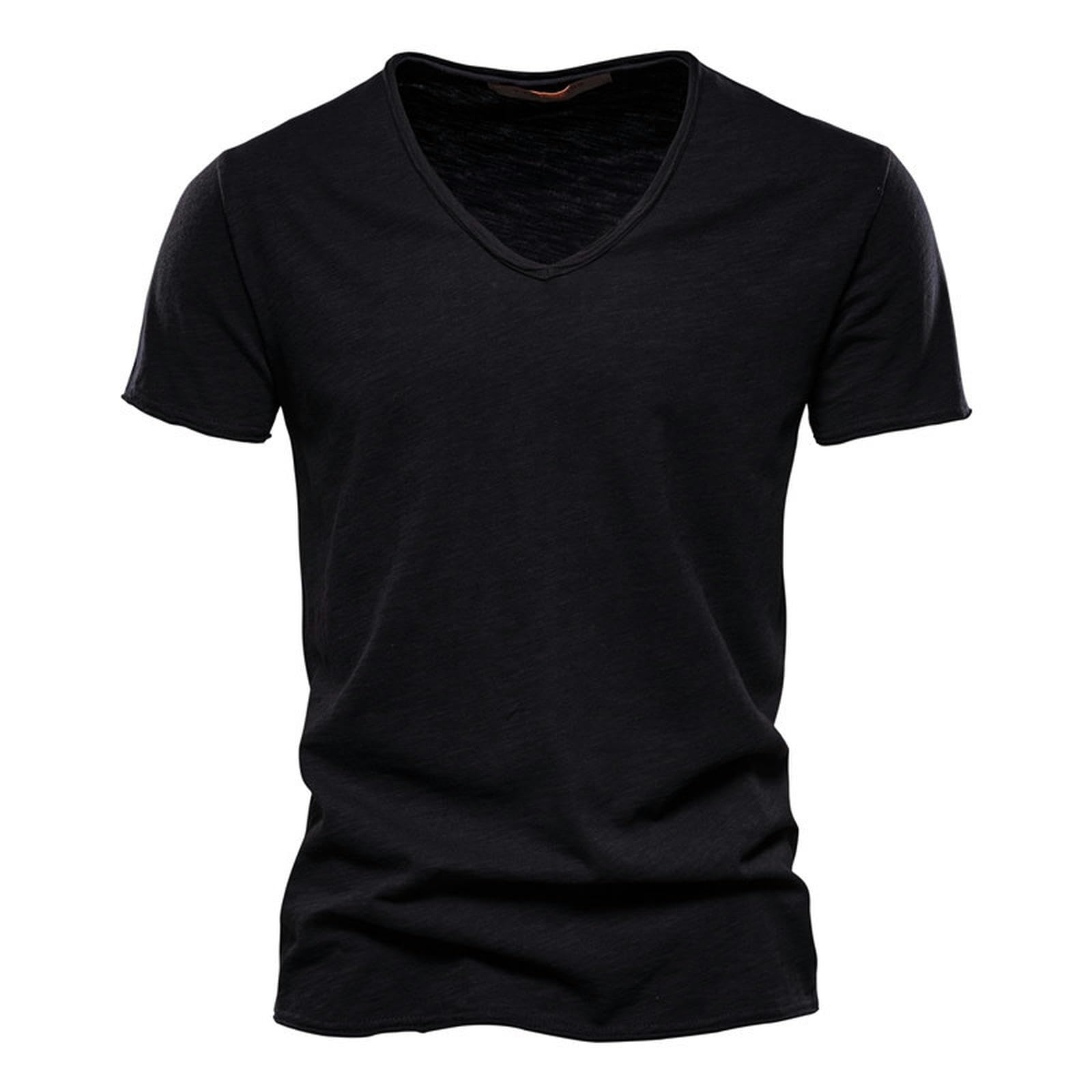 T-Shirt à Manches Courtes Col en V Homme Été Noir Vêtement Casual Taille L F037