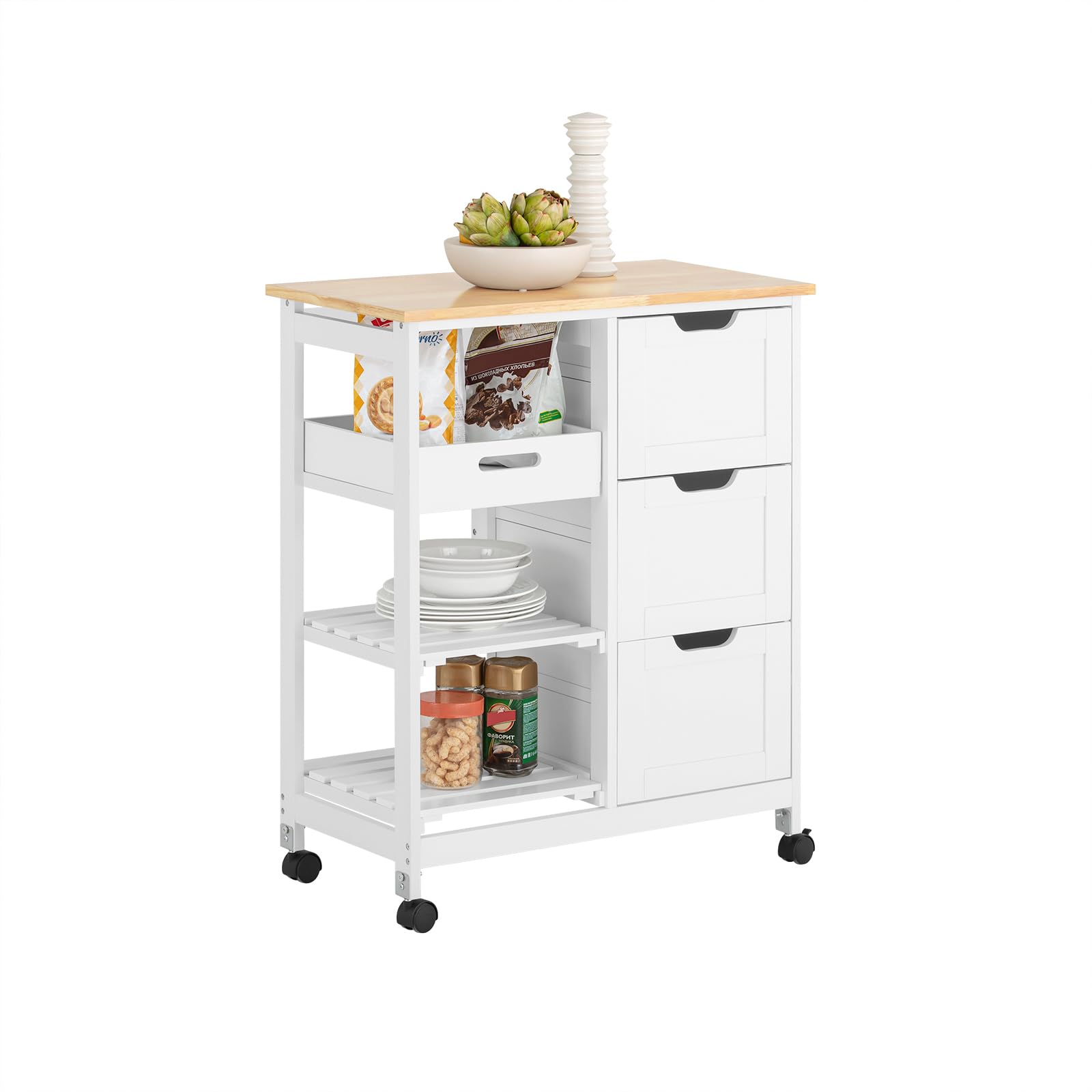 SoBuy Carro de Almacenamiento Mueble Auxiliar de Cocina Carrito de Servir con 3 Cajones y 3 Estantes Blanco 68 x 38 x 85 cm FKW79-W ES