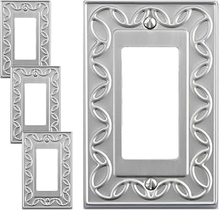 OKAWYC Single Decorator Light Switch Cover Plate, 4-Pack Brushed Nickel NovaBloom Metal Wall Plate 1 Gang Single Rocker, for Receptacle Dimmer Switch GFCI Outlet Wallplate, Durable