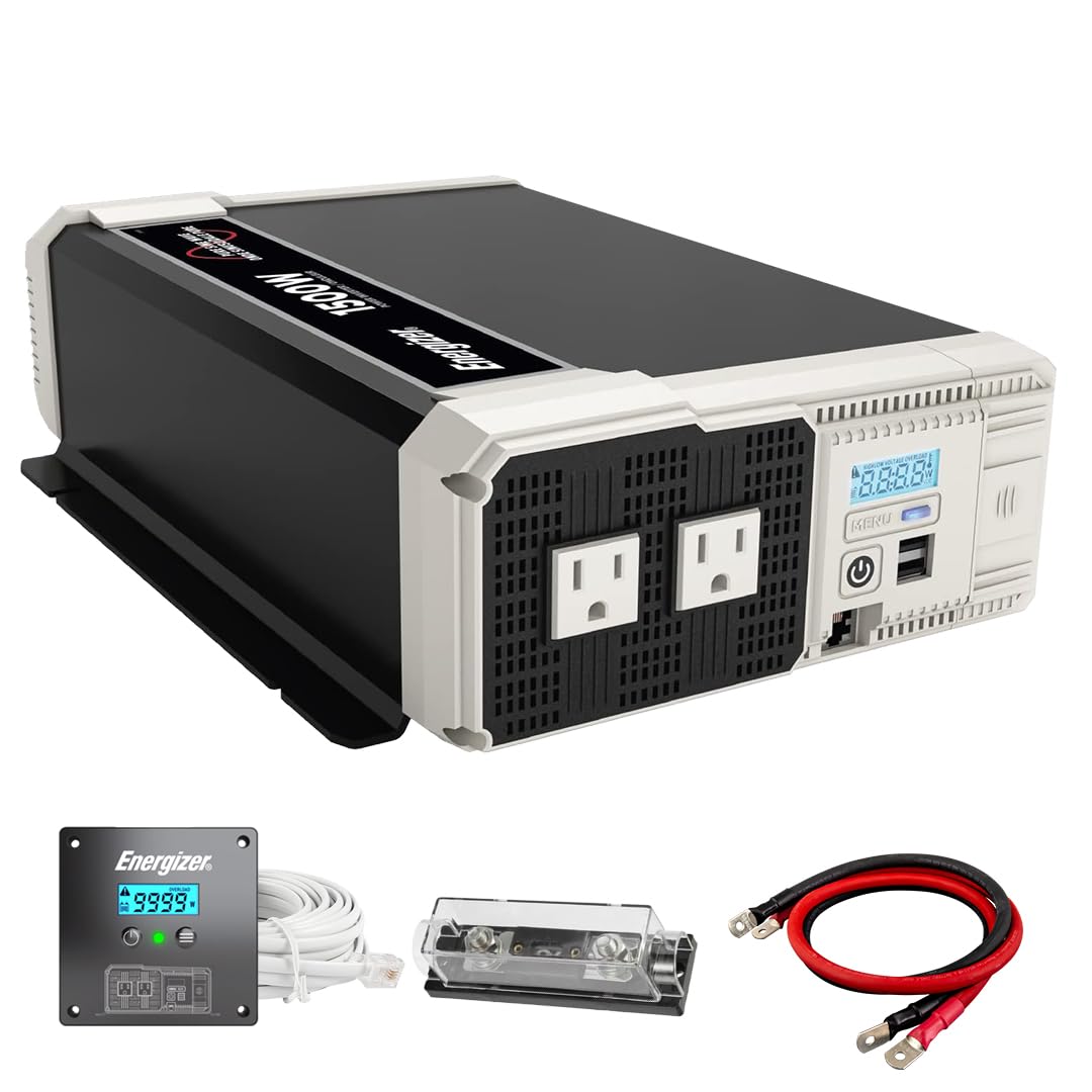Energizer 1500 Watt 12V Pure Sine Inverter Dual AC Outlets & USB, Installation Kit Included, Automotive Power for Power Tools, Camping & Car Accessories - ETL Approved Under UL STD 458