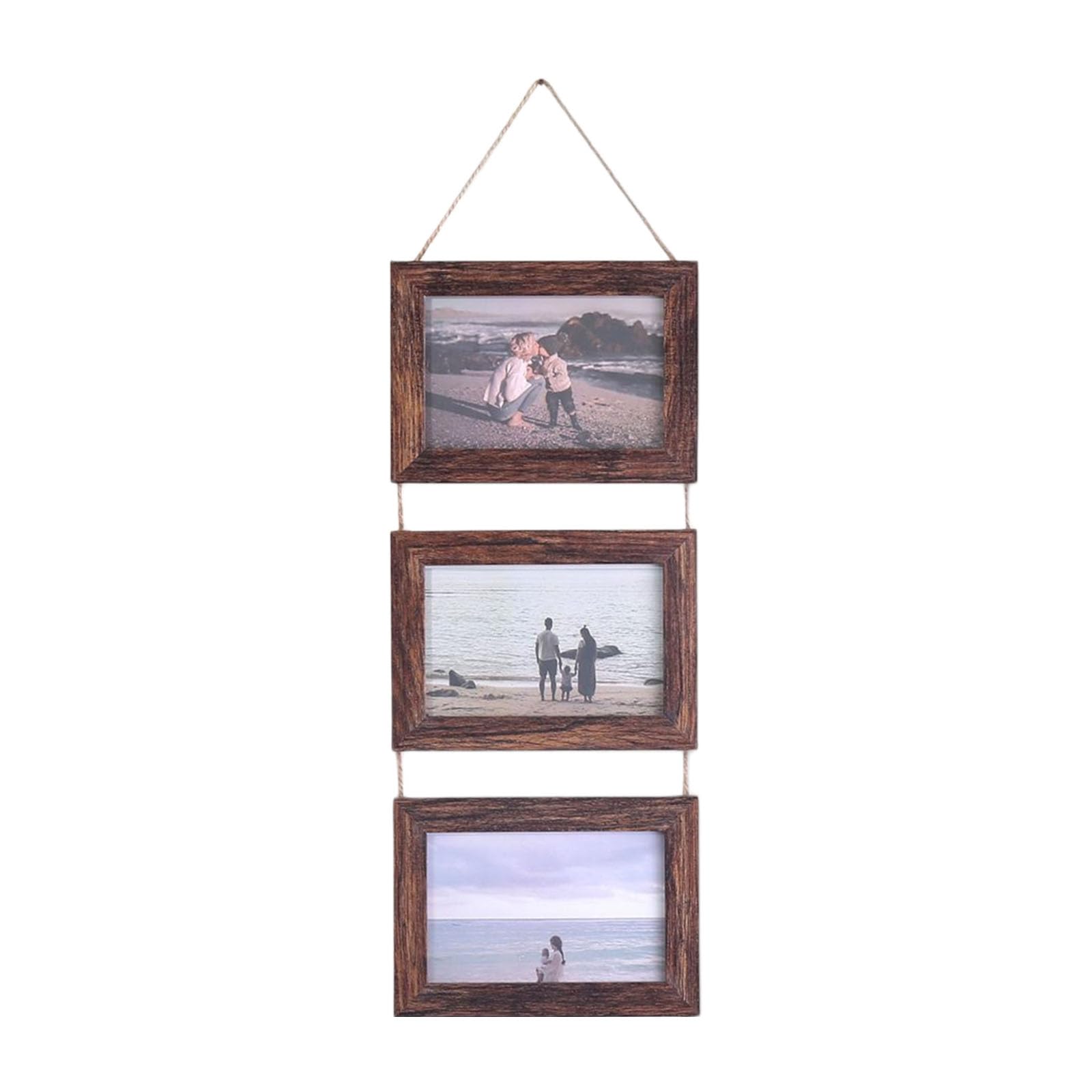 PANGBOER Hanging Collage Picture Frames Wall Decors, 3 Opening Rustics Wood Frame with Rope Wood Multi Picture Frames Gifts Collage Wall Decor