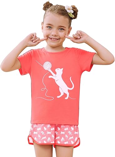Jxstar Girls Pajamas Print Sleepwear Kid Cute Cotton Set Teen Summer Short Sleev