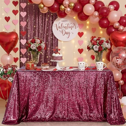 Image of B-COOL Rectangle Sequin Tablecloth Large 90x156 Inch Party Tablecloths Glitter Table Linen for Birthday Wedding Baby Shower Christmas Holiday Banquet Decoration,Burgundy