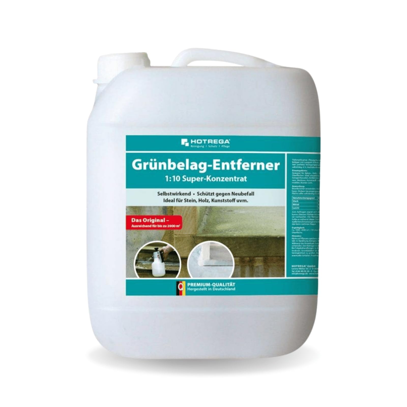 HOTREGA Grünbelagentferner 1:10 Super-Konzentrat 10 Liter | Entfernt Algen & Grünbeläge von Stein, Holz, Kunststoff und Keramik | Säure- und chlorfrei