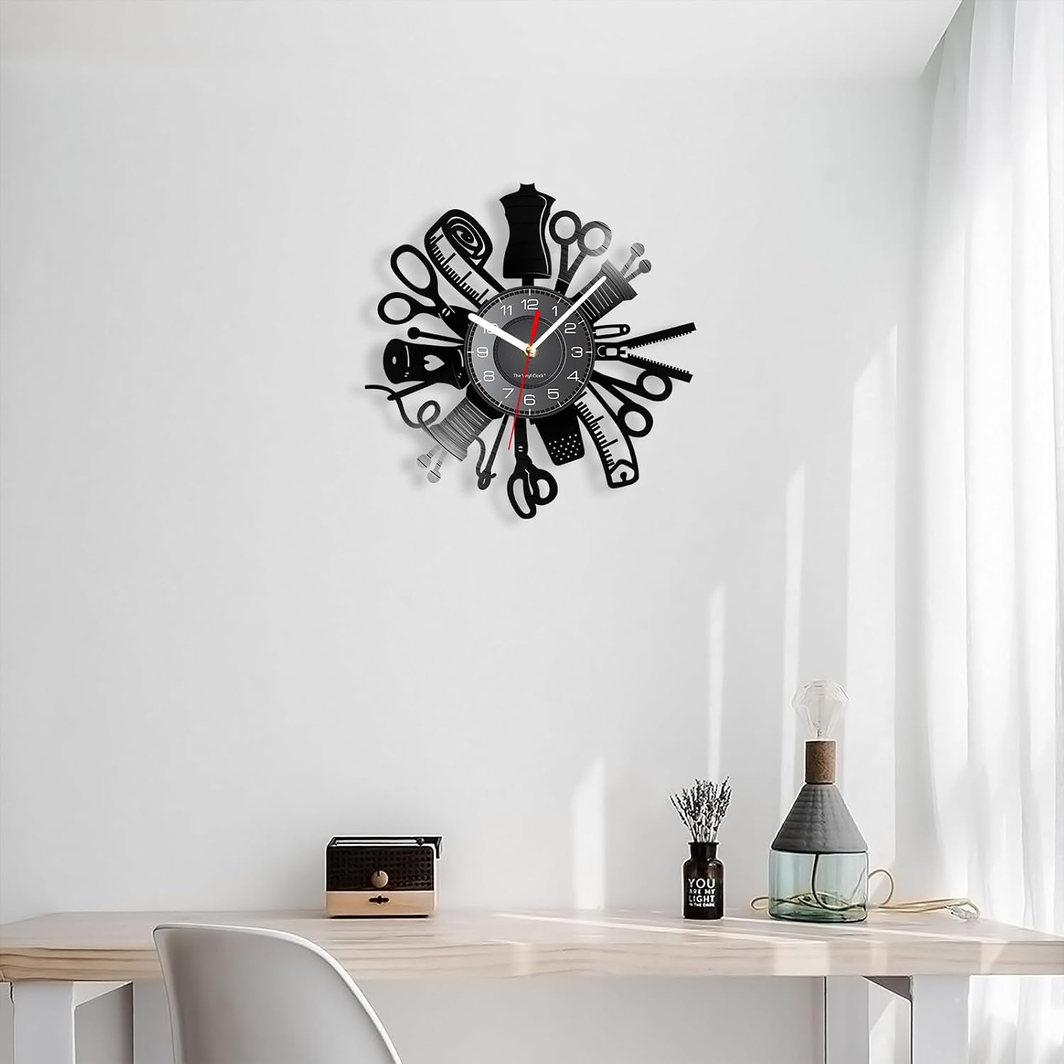 Sewing Machine Quilting Tools Vinyl Record Wall Clock Battery Operated Silent Quartz Tailor Seamstress Sign Timepiece (Without Light)