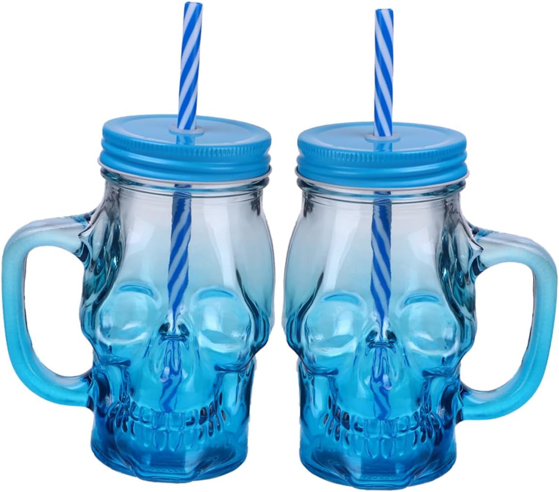MAGICLULU 2pcs 500ml Gradient Blue Skull Wine Glasses with Handle, Halloween Party Beer Drinkware Set, Glass Beverage Tumblers for Seasonal Decoration and Themed Events Random Color