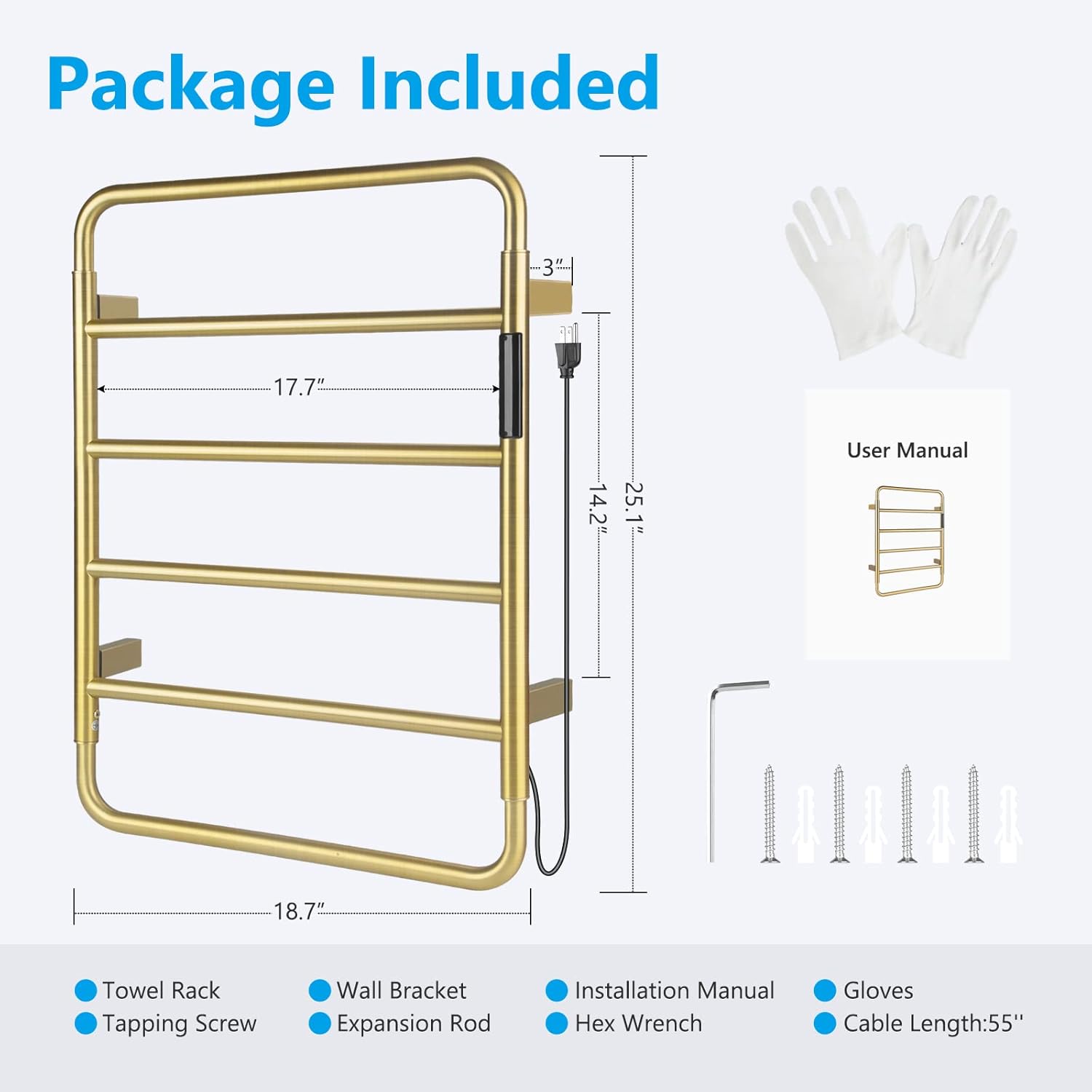 VJASS Heated Towel Rack for Bathroom, 4 Bar Stainless Steel Electric Towel Warmer with Built-in Timer, Dual Hardwired & Plug-in Wall Mounted Installation (Brushed Gold)