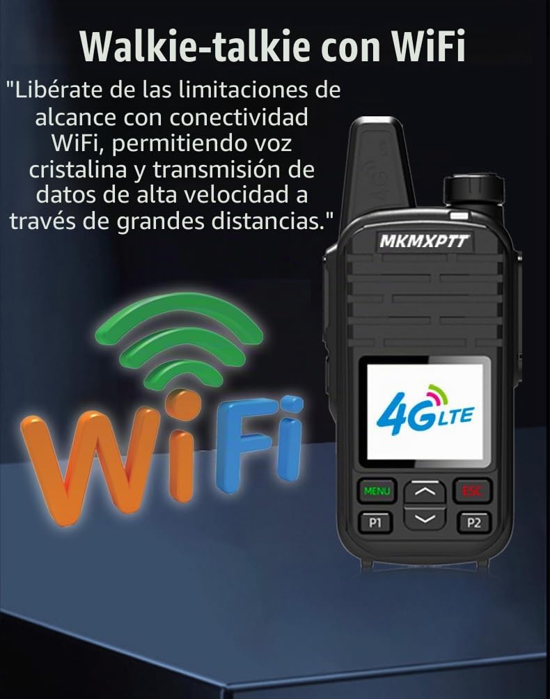 Walkie Talkie 4G LTE Radio Bidireccional con WiFi Sistema Android Bluetooth Cancelación de Ruido Pantalla LED Grande Batería 5000mAh Negro