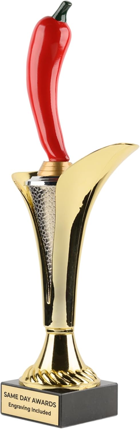 Chili Pepper Trophy Gold Typhoon Cup with Bright Red Figure on Marble Base with Custom Laser Engraving for Chili Cook Offs Food Competitions Culinary Awards and Fun Novelty Prizes