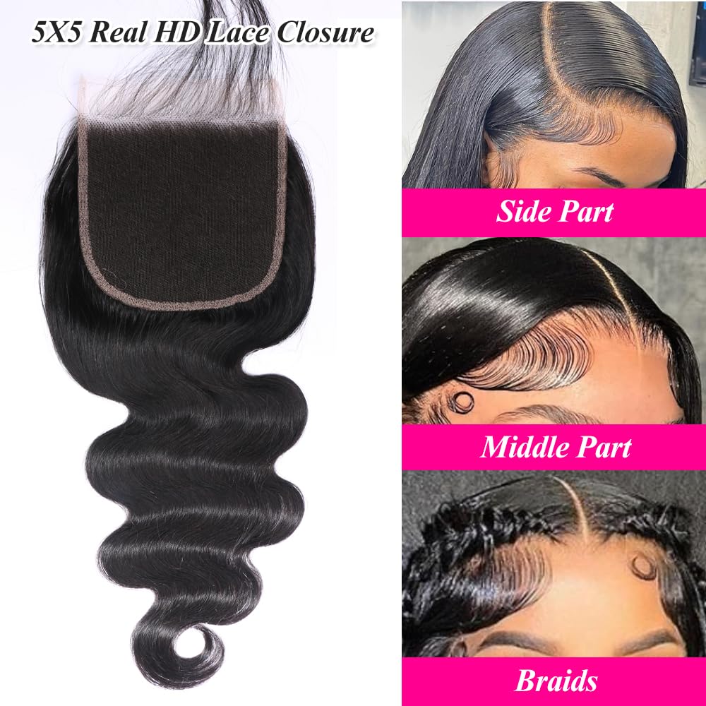 5x5 SKINLIKE Real HD Lace Closure Only Body Wave 0.10mm Ultra Thin Invisible Swiss Lace Human Hair Closure Pre Plucked Hairline With Baby Hair Natural Black Color 16 Inch Brazilian Virgin Hair