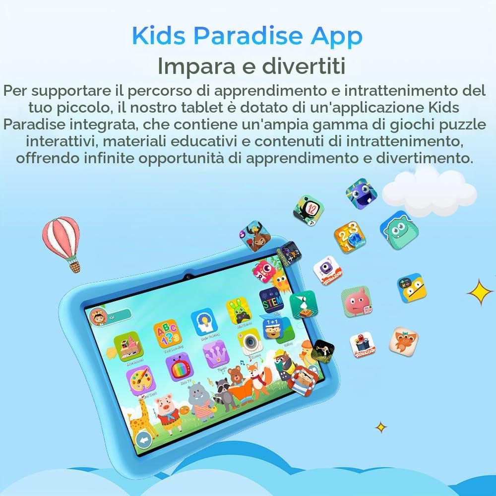 Tablet OUKITEL OT6 per Bambini, 16GB RAM+64GB ROM, Android 13, 10" HD, 8000mAh, Controllo Parentale, BT5.0, Giochi Educativi, Blu