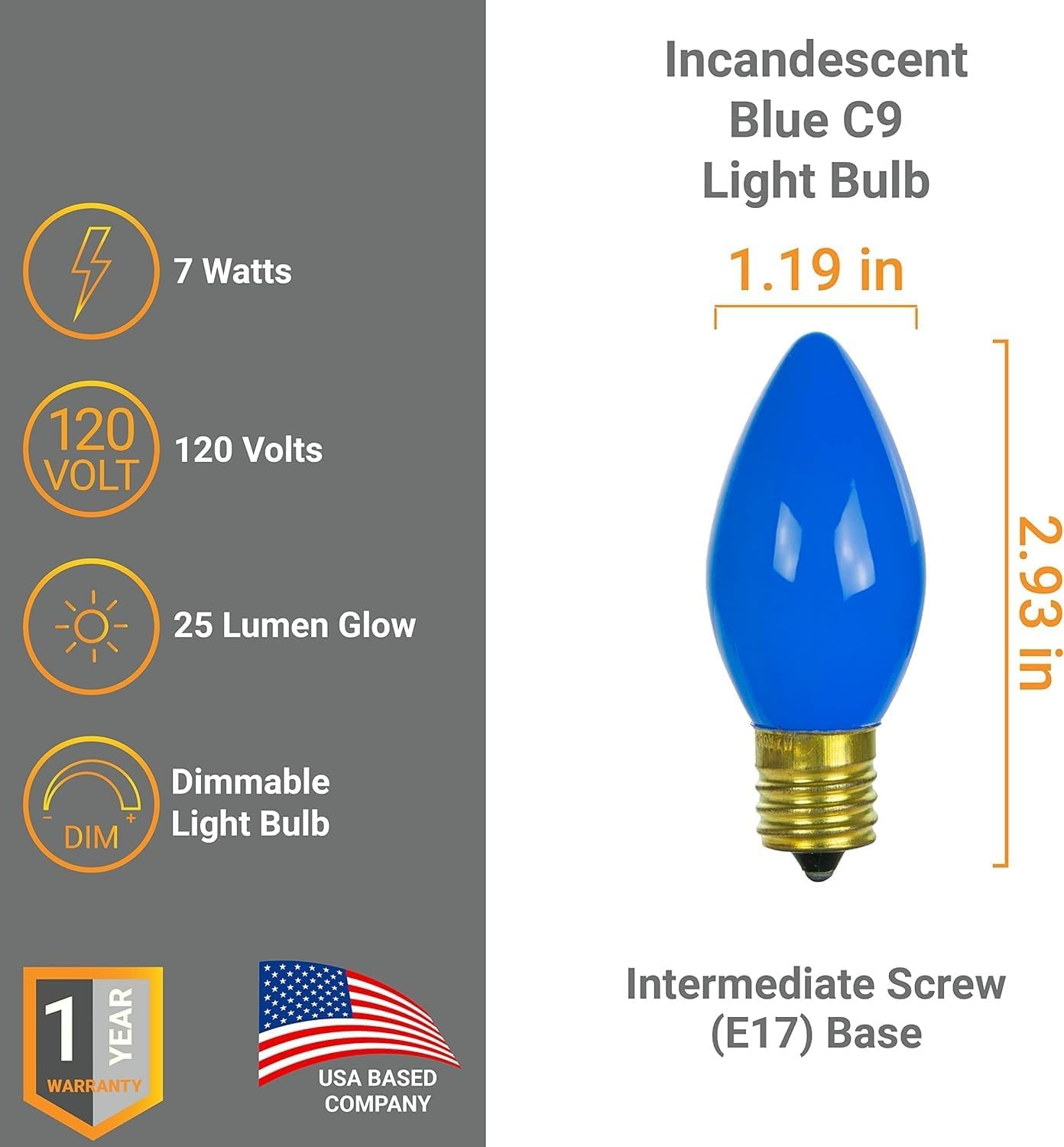 Diodesy- C9 Christmas Replacement Blue Light Bulbs 7W E17 Intermediate Base 25 Lumen Title 20 Approved Pack of 25- Decorative Colored Indoor String Night Lights for Holiday Patio Porch Decor