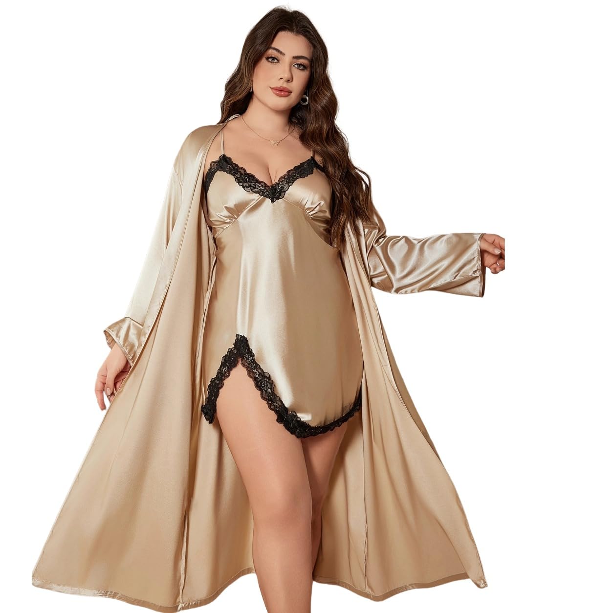 ssoshhub Women's Long Satin Sexy Robe Fashion Casual Loose Drawstring Pajamas Camisole Nightgown 2pcs Set Babydoll-picture-36