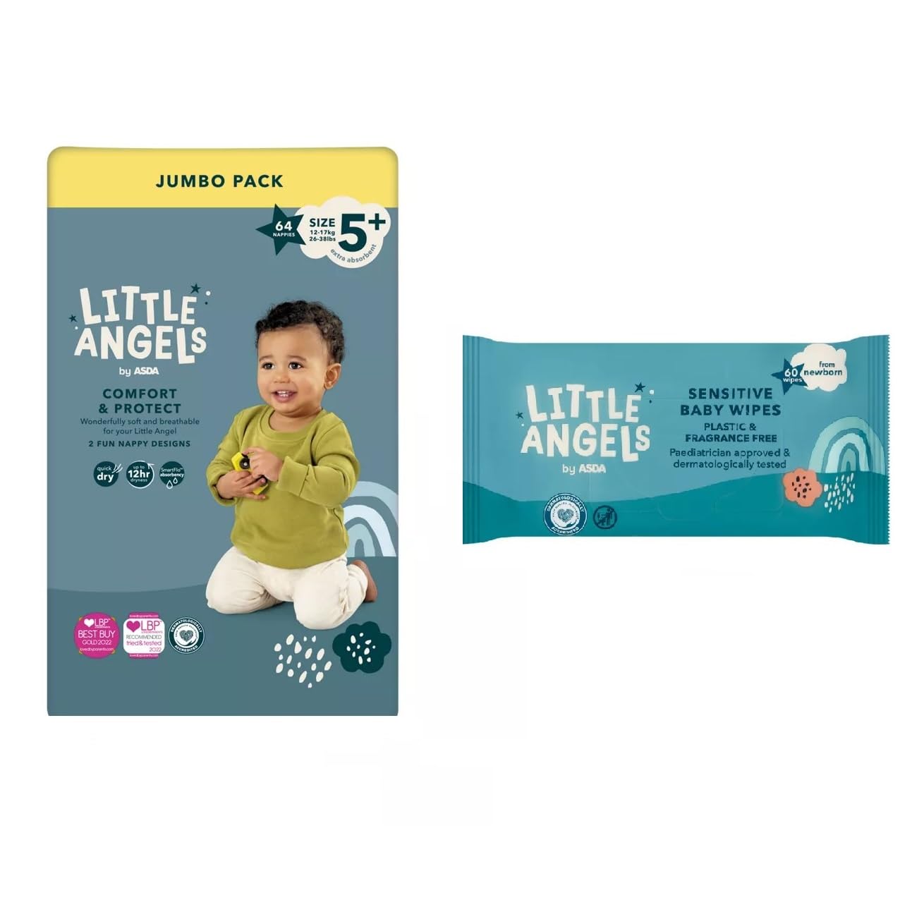 Little Angels Size 5+ Nappies Jumbo 64 Pack + 60 Fragrance Free Baby Wipes