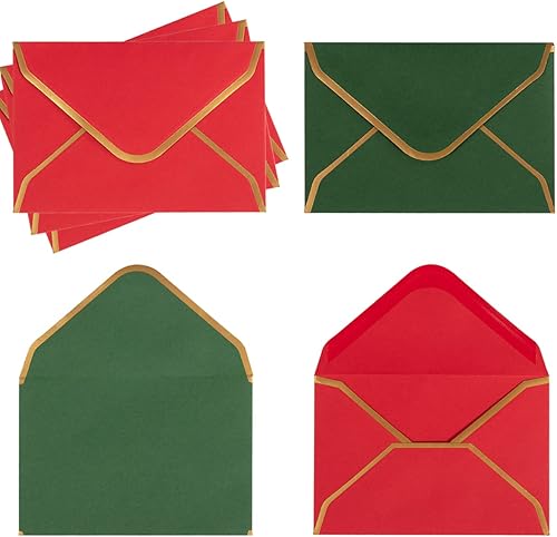 100 sobres pequeños de Navidad con solapa en V con borde dorado para tarjetas de notas en blanco, tarjetas de regalo de visita (rojoverde oscuro) (4