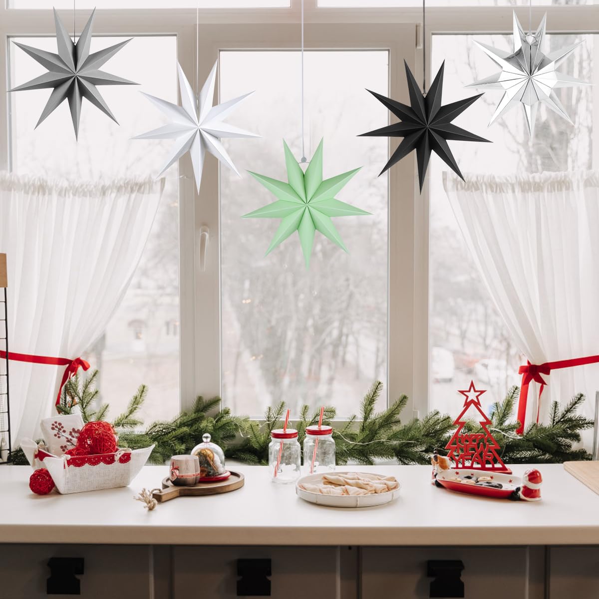 Weihnachts-Stern Lampe – Papierstern Laterne 35/45 Cm – 9-zackig Mit Lochmuster & Lichterkette – Hängende Dekoration