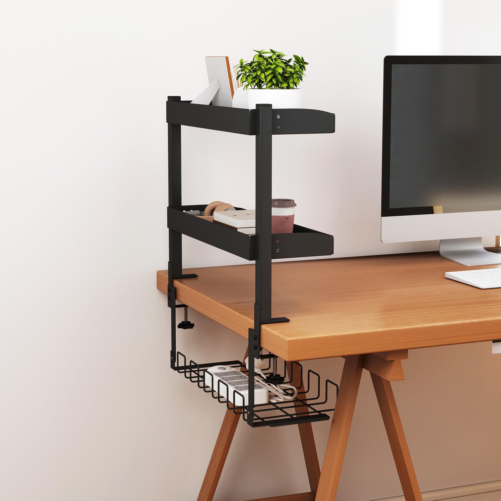 bimiti Organisateur de Bureau à Pince 2 Niveaux 17 Pouces avec Rangement Réglable pour Accessoires de Table Étagère de Bureau à Pince Installer en Haut ou en Bas，44 x 51x 17,5 cm，Marron rétro
