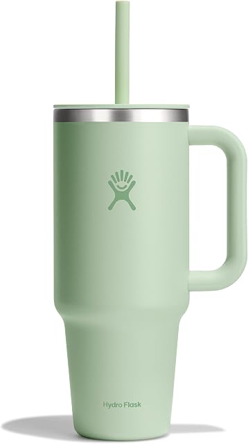 Hydro Flask Insulated Stainless Steel Travel Tumbler with Handle Lid and Straw 40 Oz Aloe Green