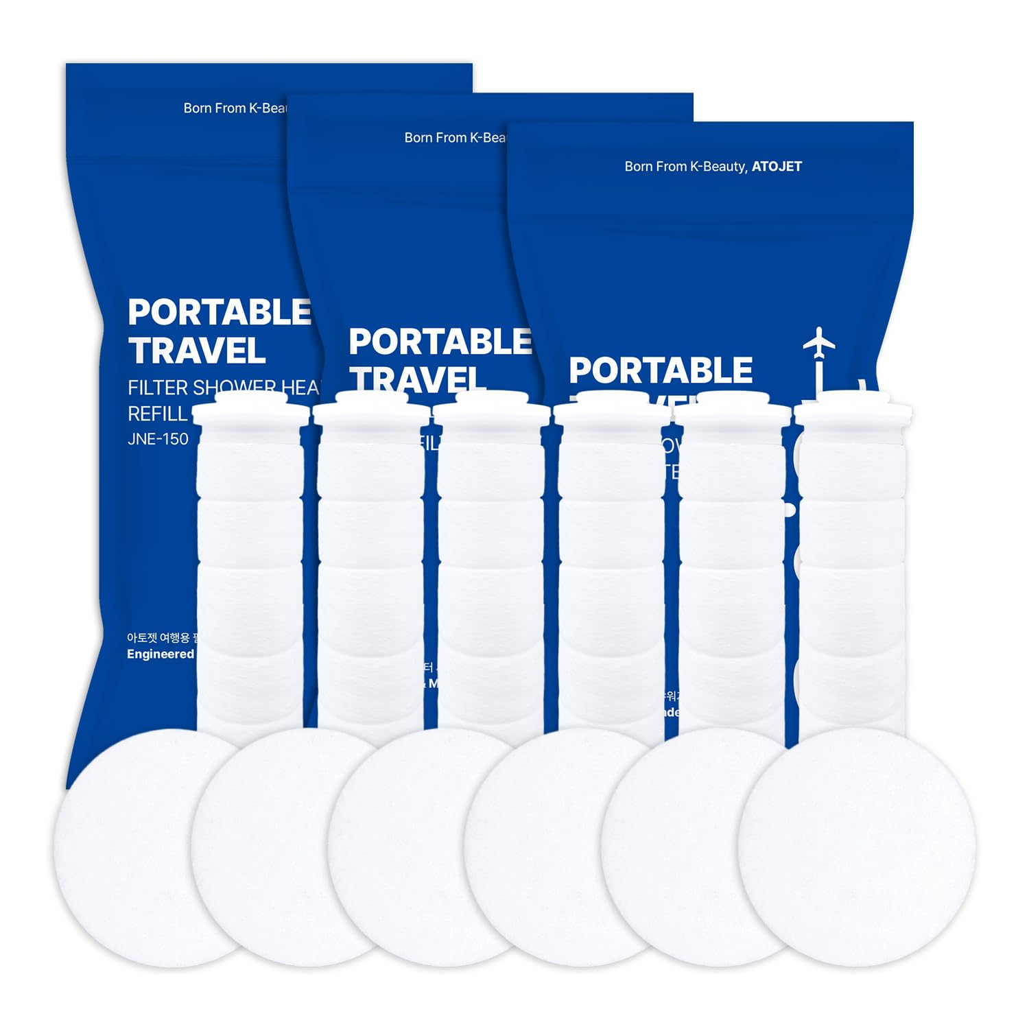 ATOJET Travel Mini Filtered Shower Set Elevating Korea’s Beauty Legacy - Compact & Portable, Pure Carbon Filters for Softer Skin & Smoother Hair | Includes Replacement Filters x 3 (JNE150-FLT-TRVL)
