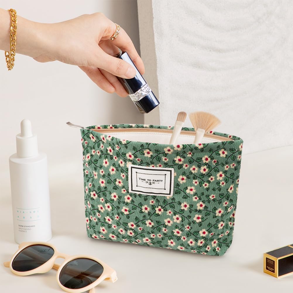 Aucuu Cosmetic Bags, 2 Pcs Small Floral Canvas Cosmetic Bag, Rose Flower Printing Corduroy Toiletry Bag - Image 4